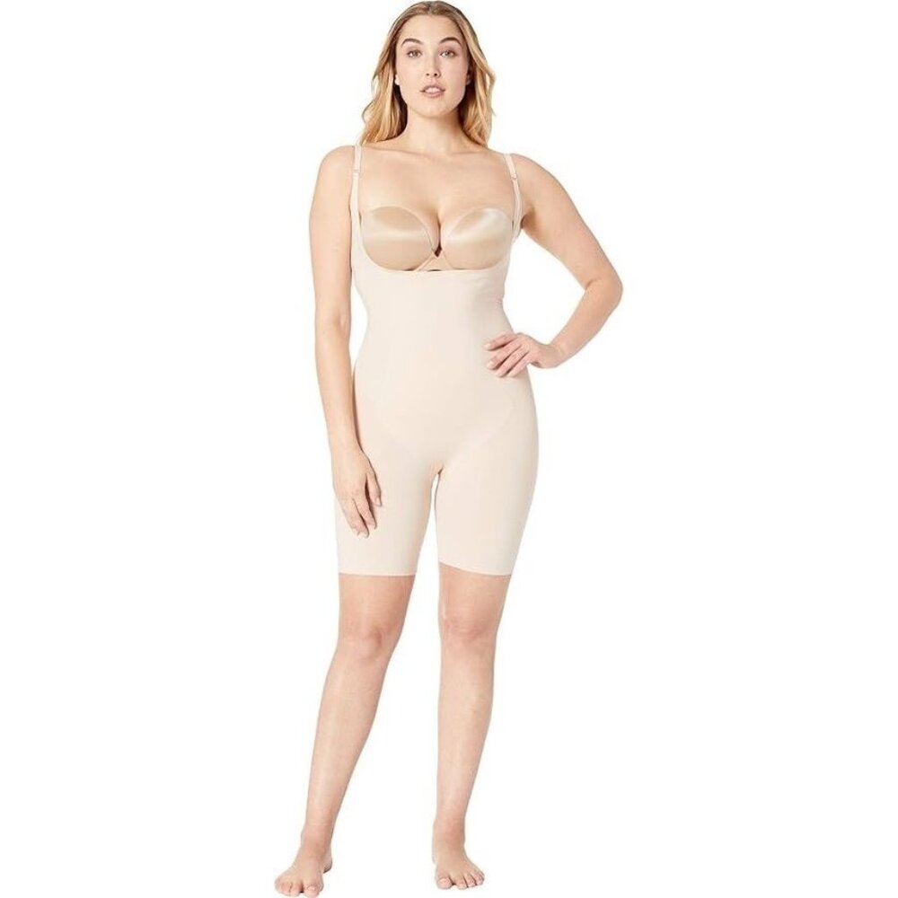 SPANX Thinstincts Open-Bust Mid-Thigh Bodysuit in Soft N*ude - Sz M - NWT